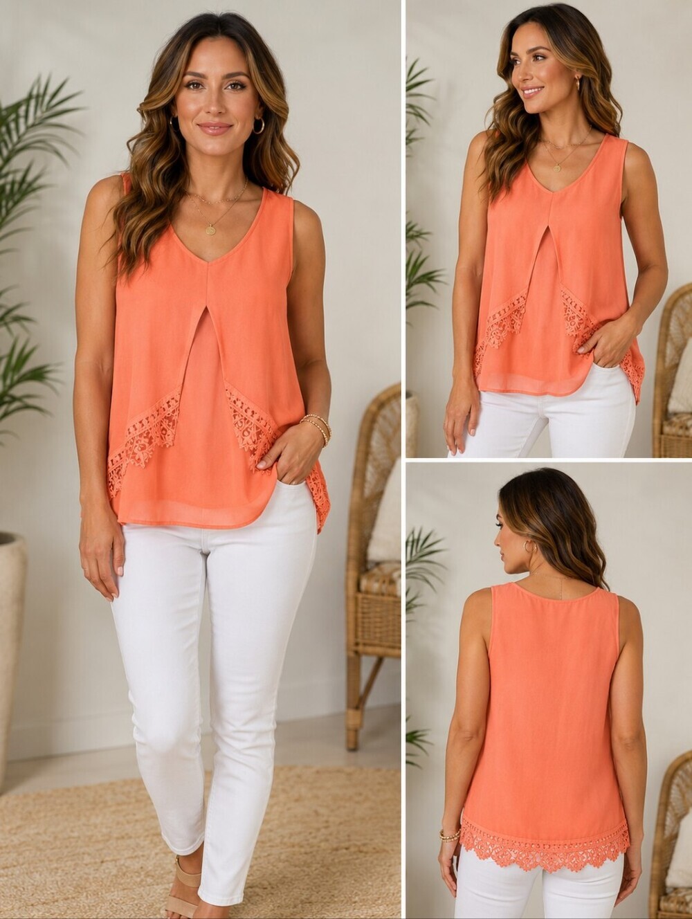 Melissa paige Sleeveless Blouse W/Feminine Crochet Lace Trim Soft Pecha Medium